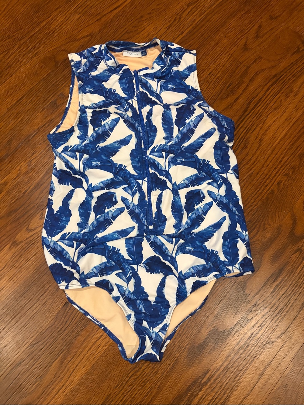 Cabana Life Blue and White Palm-Print Zip Front One-Piece